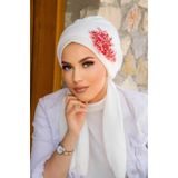 Aişe tesettür Beyaz Kırmızı Nakışlı Atkılı Abiye Bone - 60101 Beyaz Kırmızı