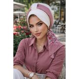 Aişe tesettür Beyaz Pudra Çiçek Desen Şapka Bone Beyaz Pudra çiçek
