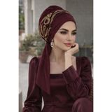 Aişe tesettür Bordo Gold Motifli Atkılı Abiye Bone Bordo Gold Motifli