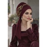 Aişe tesettür Bordo Gold Motifli Atkılı Abiye Bone