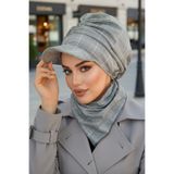 Aişe tesettür Gri Ekose Büzgülü Tesettür Şapka ve Etol Takım