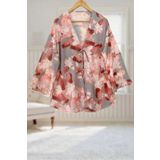 Aişe tesettür Gri Pudra Çiçekli Önü Bağlamalı Kimono Tunik / Likralı Yazlık Kumaş 85 cm Boy