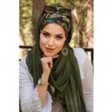 Aişe tesettür Haki Siyah Yaprak Desen Bone Hazır Şal