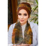 Aişe tesettür Karamel Kahve Batik Desen Fularlı Bone