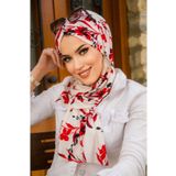 Aişe tesettür Kırmızı Beyaz Çiçek Desen Kelebek Bone Şal
