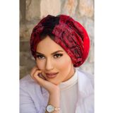 Aişe tesettür Kırmızı Siyah Büzgülü Dolama Bone