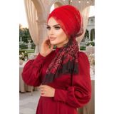 Aişe tesettür Kırmızı Siyah Flok Baskılı Tül Abiye Tokalı Bone Kırmızı Siyah6