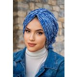 Aişe tesettür Kot Mavi Çizgili Tokalı Bone