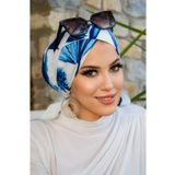 Aişe tesettür Lacivert Beyaz Yaprak Desen Çapraz Bone