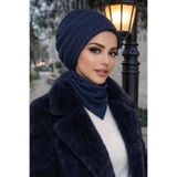 Aişe tesettür Lacivert Triko Tesettür Bere ve Etol Takım Lacivert Triko