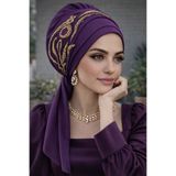 Aişe tesettür Mürdüm Gold Motifli Atkılı Abiye Bone Mürdüm Gold Motifli