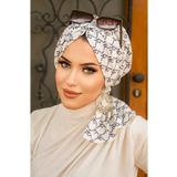 Aişe tesettür Saks Beyaz Retro Desen Tokalı Bone