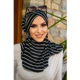 Aişe tesettür Siyah Çizgi Desenli Çapraz Bantı Medium Size - Hazır Şal