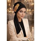 Aişe tesettür Siyah Gold Aksesuarlı Abiye Atkılı Bone