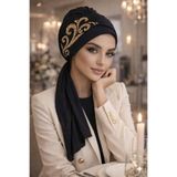 Aişe tesettür Siyah Gold Motif Abiye Atkılı Bone