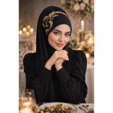 Aişe tesettür Siyah Gold Motif Simli Abiye Şal Siyah Gold Motif