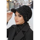 Aişe tesettür Siyah Gri Melanj Tesettür Şapka ve Etol Takım Siyah Gri Melanj