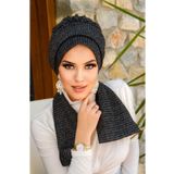 Aişe tesettür Siyah Gümüş Fitilli Atkılı Tesettür Bone