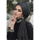 Aişe tesettür Siyah Gümüş Piliseli Kelebek Model Bantlı Abiye Bone Şal Siyah gümüş