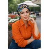 Aişe tesettür Siyah Yeşil Çiçek Desen Çapraz Bone