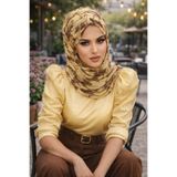 Aişe tesettür Uçuk Sarı Kahve Çiçek Desen Hazır Şal Çok Renkli