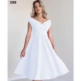 Aisha Elbise Ash Kadın Kısa Kollu Kruvaze Yaka Eteği Volanlı Krep Elbise - 2XL - 3XL - Beyaz