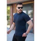 Aisha Elbise Erkek Bisiklet Yaka Örgü Desenli Kısa Örme Triko Kısa Kollu T-Shirt - Lacivert
