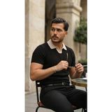 Aisha Elbise Erkek Desenli Kısa Kollu Triko Tişört - %100 Pamuk Akrilik - Siyah - 2XL