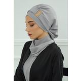 Aisha's Design HT-11A Gri Gold Aksesuarlı Aerobin Kumaş Hazır Türban