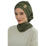 Aisha's Design HT-11A Haki Yeşili Gold Aksesuarlı Aerobin Kumaş Hazır Türban