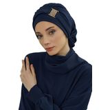 Aisha's Design HT-11A Lacivert Gold Aksesuarlı Aerobin Kumaş Hazır Türban