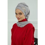 Aisha's Design HT-94 Gri Aerobin Aksesuarlı Kumaş Hazır Türban