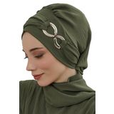 Aisha's Design HT-94 Haki Yeşili Aerobin Aksesuarlı Kumaş Hazır Türban