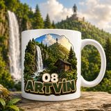 Ajans 313 08 Artvin Temalı Baskılı Kupa Bardak – Şelale, Ahşap Ev ve Orman Manzaralı Tasarım - 1 Adet - Beyaz