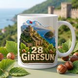 Ajans 313 28 Giresun Temalı Baskılı Kupa Bardak – Deniz Manzaralı Kale ve Fındık Tasarımı - 1 Adet - Beyaz