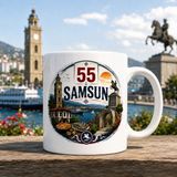Ajans 313 Samsun Temalı 55 Plaka Onur Anıtı ve Saat Kulesi Tasarımlı Seramik Kupa Bardak - 1 Adet - Beyaz