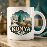 AJANS313 Konya Mevlana Türbesi ve Semazen Motifli Kupa Bardak - Memleket Seri 42 Konya Geleneksel Kahve Kupası - 1 Adet - Beyaz