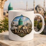 AJANS313 Konya Selçuklu Mimarisi ve Yeşil Kubbe Tasarımlı Kupa Bardak - Memleket Seri 42 Konya Kahve Kupası - 1 Adet - Beyaz