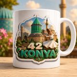 AJANS313 Konya Sevimli Semazen Karakter Tasarımlı Kupa Bardak - Memleket Seri 42 Konya Yeşil Kubbe Kahve Kupası - 1 Adet - Beyaz