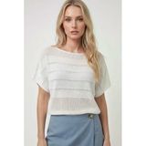 Ajurlu File Dokulu Yarasa Kollu Bohem Triko Bluz- Yazlık Delikli Örgü Kazak - Beyaz