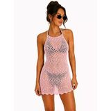 Ajurlu Sırt Dekolteli Transparan Beachwear - Mini Plaj Elbisesi - Pembe