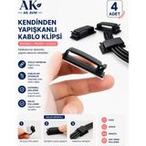 Ak Avm Siyah Renk 4'lü Kablo Tutucu Düzenleyici, Kendinden Yapışkanlı Kablo Klipsi