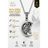 Ak Stor Silver Ak Store Silver Erkek, Türklüğün Sembolü Hilal İçi Bozkurt Figürlü K-103 Paslanmaz Kromix Çelik Gümüş Kaplama Kolye