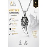 Ak Stor Silver Ak Store Silver Gümüş Kaplama K-102 Paslanmaz Kromix Erkek Kolye Madalyon Kurt Dişi Üzerine Bozkurt İşleme