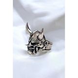 Ak Store Silver Erkek, Gümüş Kaplama Paslanmaz Kromix Çelik Yüzük - Japon Oni Maskesi Gotik Demon Motorcu Tasarım