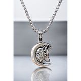 Ak Store Silver Gümüş Kaplama Krom-Çelik Erkek Kolye Madalyon Hilal İçinde Bozkurt Gümüş