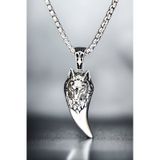 Ak Store Silver Gümüş Kaplama Krom-Çelik Erkek Kolye Madalyon Kurt Dişi Üzerine Bozkurt İşleme
