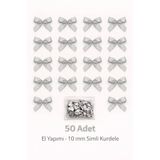 Ak Tuhafiye Silver-Gümüş Sim Saten Fiyonk– 10 mm Süsleme, Yılbaşı, Nikah Şekeri, Hediye, Çeyiz Süs, Balon Süs 50 Adet
