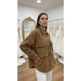 Akasha Design Taş Rengi Çift Cepli Peluş Kadife Garnili Ceket - M