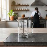 Akasya Ahşap Kapaklı Borosilikat Cam French Press - Ölçü Çizgili Kahve ve Çay Demliği (350ML - Genel - Renkli